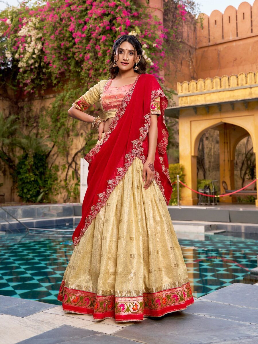 Light Yellow Slub Kota Silk Zari Weaving Work With Paithani Jacquard Border Wedding Reception Party Festival Heavy Border Lehenga Choli
