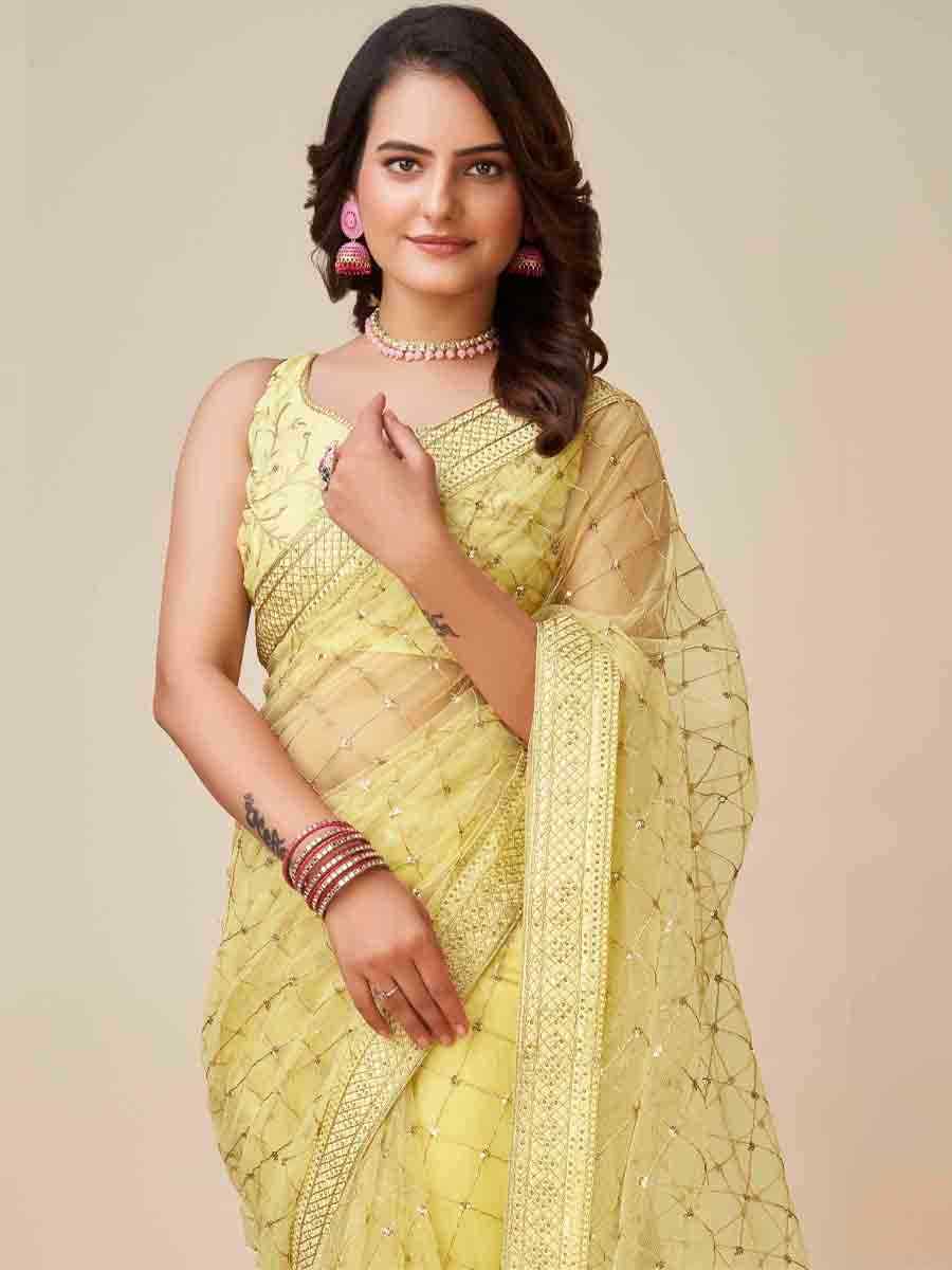 Light Yellow Soft Net Embroidered Party Festival Classic Style Saree