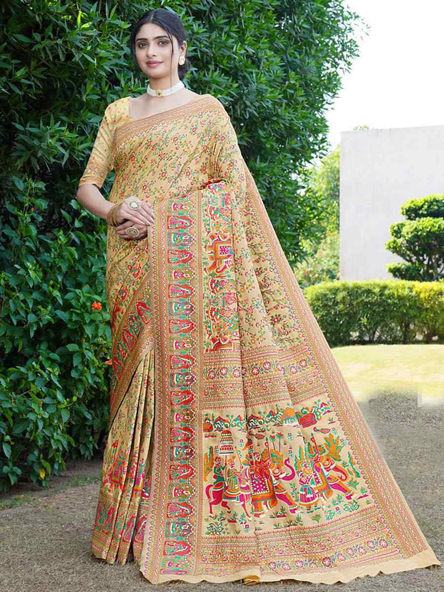 Light Yellow Soft Pure Silk Handwoven Festival Wedding Fancy Heavy Border Saree