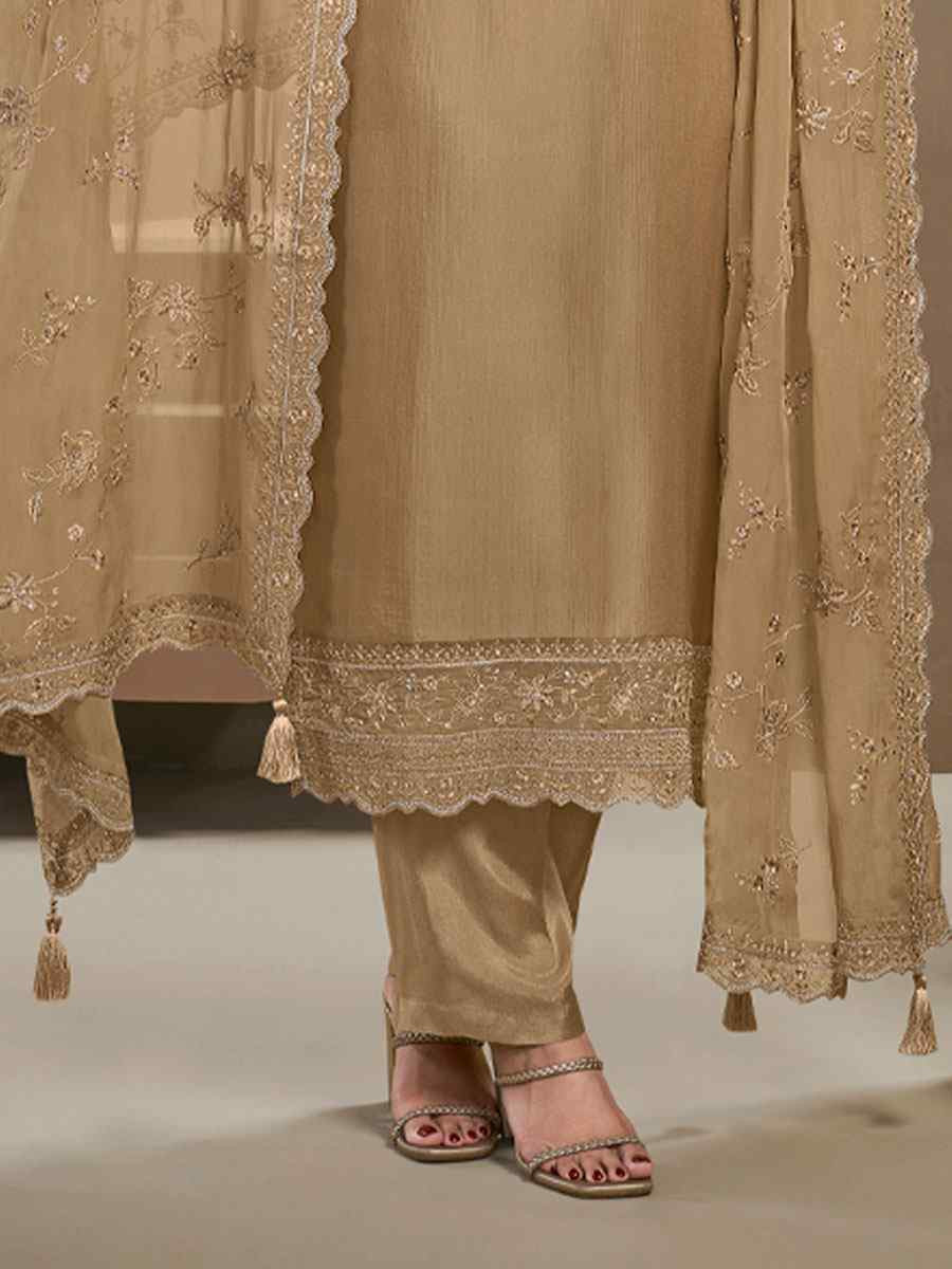 Lighy Brown Heavy Natural Crep Embroidered Festival Wedding Pant Salwar Kameez