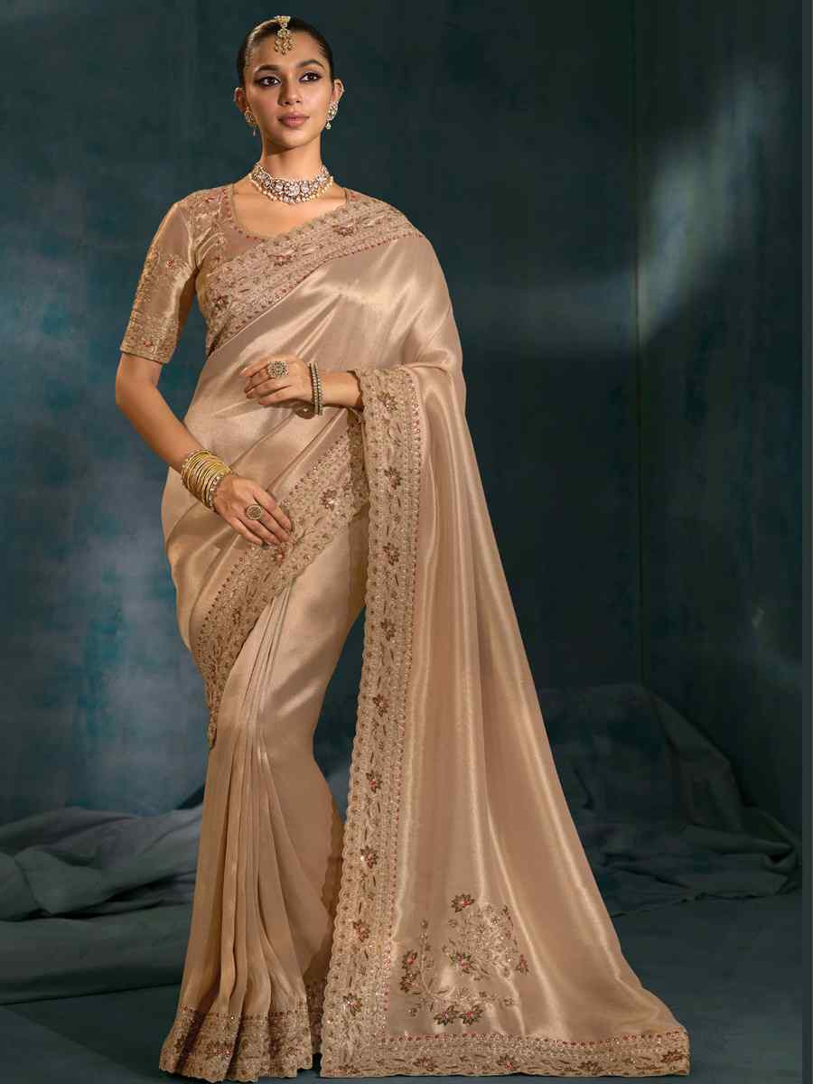 Ligth Brown Pure Ziraf Silk Embroidery Bridal Reception Festival Wedding Fancy Heavy Border Saree