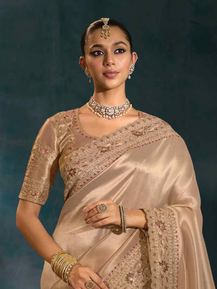 Ligth Brown Pure Ziraf Silk Embroidery Bridal Reception Festival Wedding Fancy Heavy Border Saree