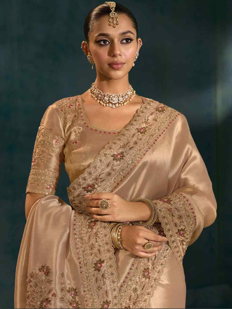 Ligth Brown Pure Ziraf Silk Embroidery Bridal Reception Festival Wedding Fancy Heavy Border Saree