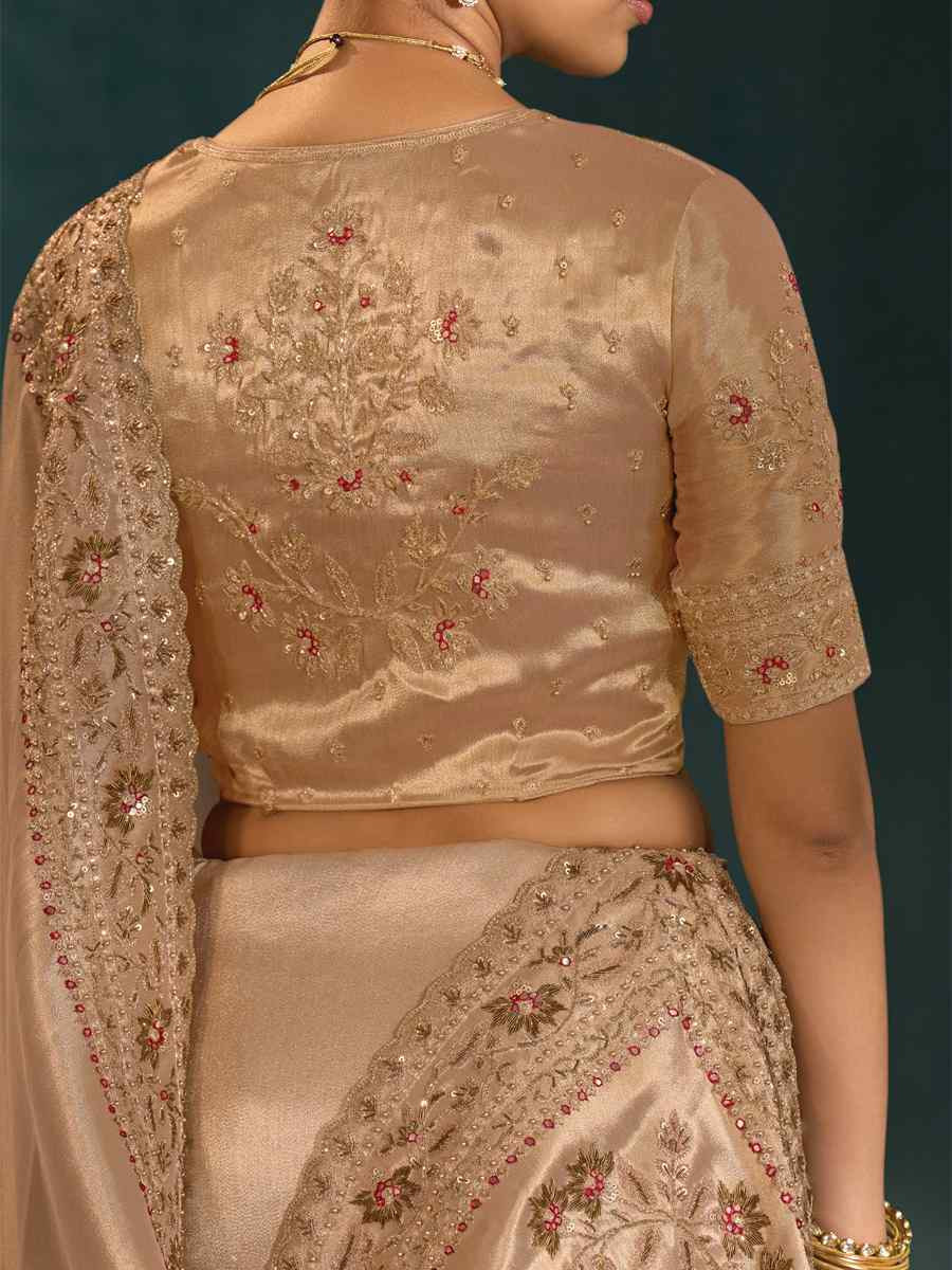 Ligth Brown Pure Ziraf Silk Embroidery Bridal Reception Festival Wedding Fancy Heavy Border Saree