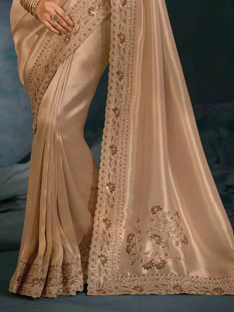 Ligth Brown Pure Ziraf Silk Embroidery Bridal Reception Festival Wedding Fancy Heavy Border Saree