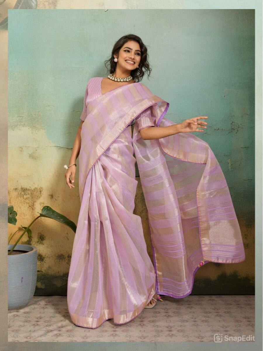 Lilac Cotton Silk Plain Wedding Party Festival Casual Reception Classic Style Sarees