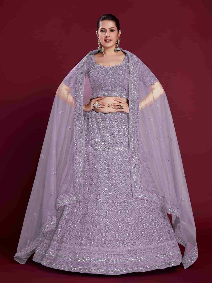 Lilac Georgette Embroidered Bridal Wedding Heavy Border Lehenga Choli