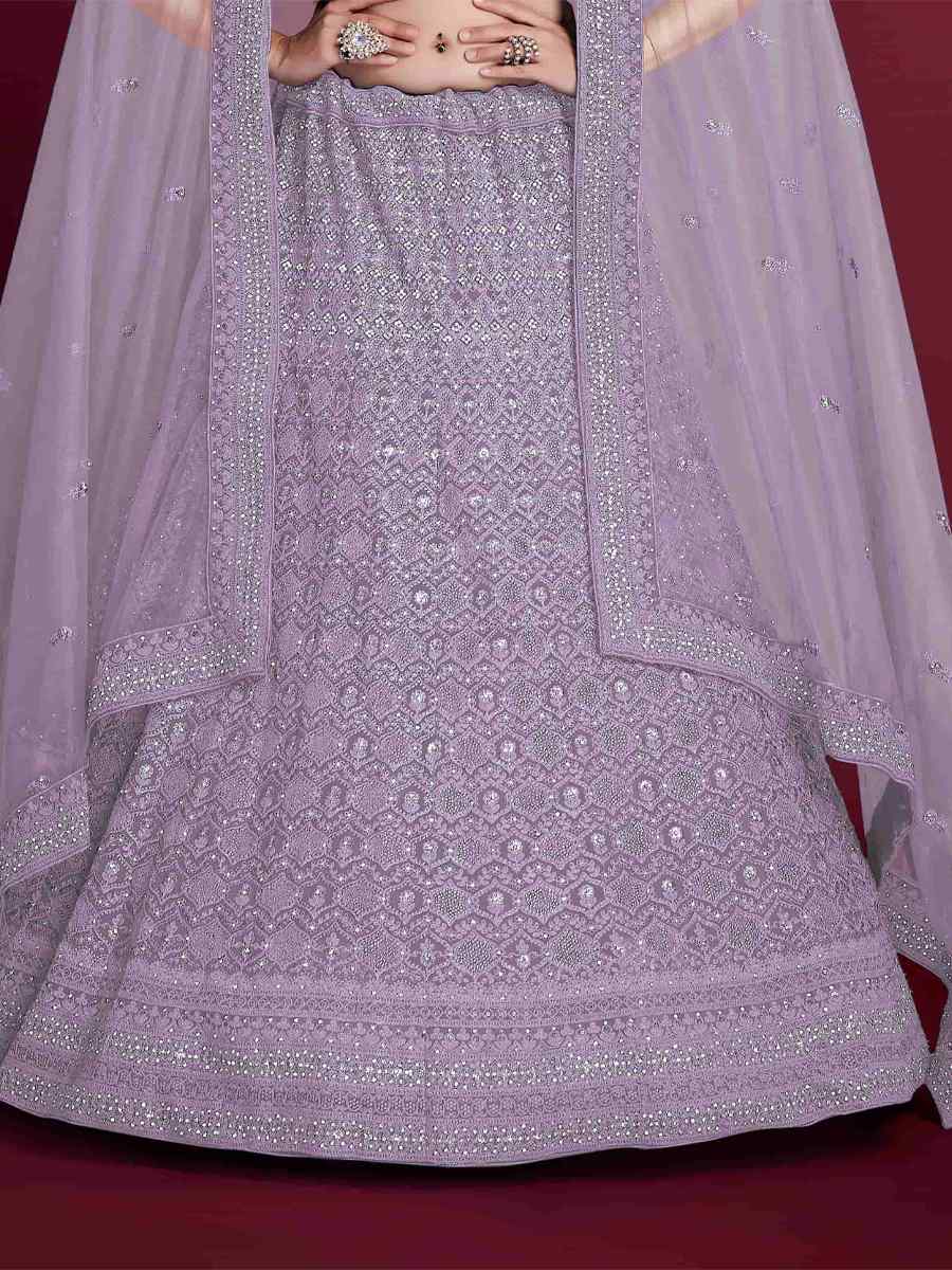 Lilac Georgette Embroidered Bridal Wedding Heavy Border Lehenga Choli