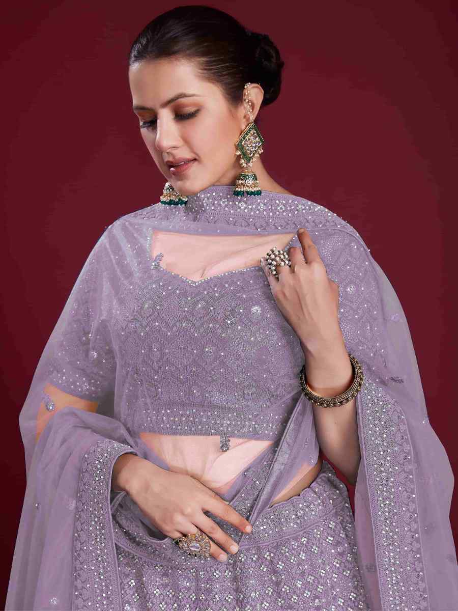 Lilac Georgette Embroidered Bridal Wedding Heavy Border Lehenga Choli