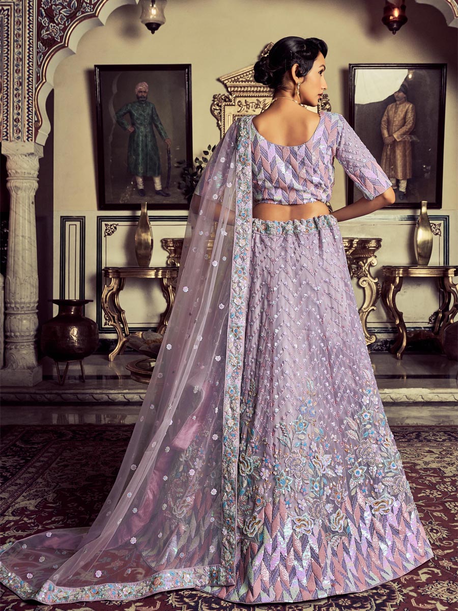 Lilac Georgette Embroidered Engagement Wedding Heavy Border Lehenga Choli