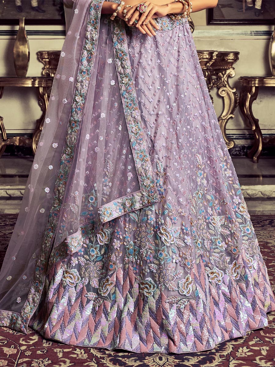 Lilac Georgette Embroidered Engagement Wedding Heavy Border Lehenga Choli