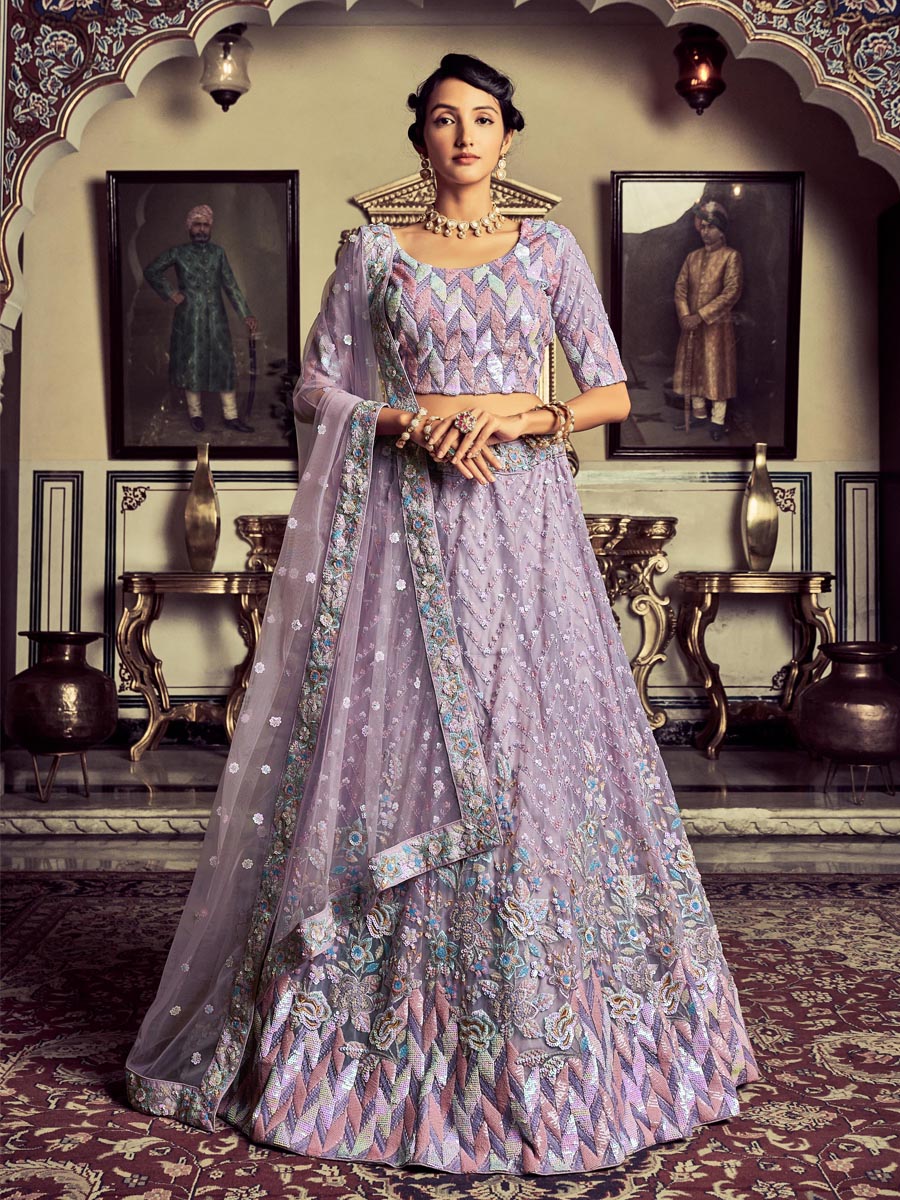 Lilac Georgette Embroidered Engagement Wedding Heavy Border Lehenga Choli