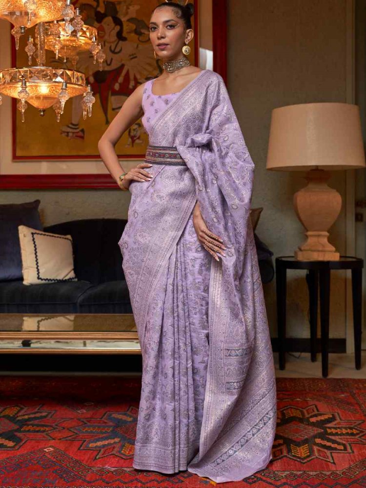 Lilac Luster Purple Kashmiri Modal Silk Handwoven Wedding Festival Heavy Border Saree