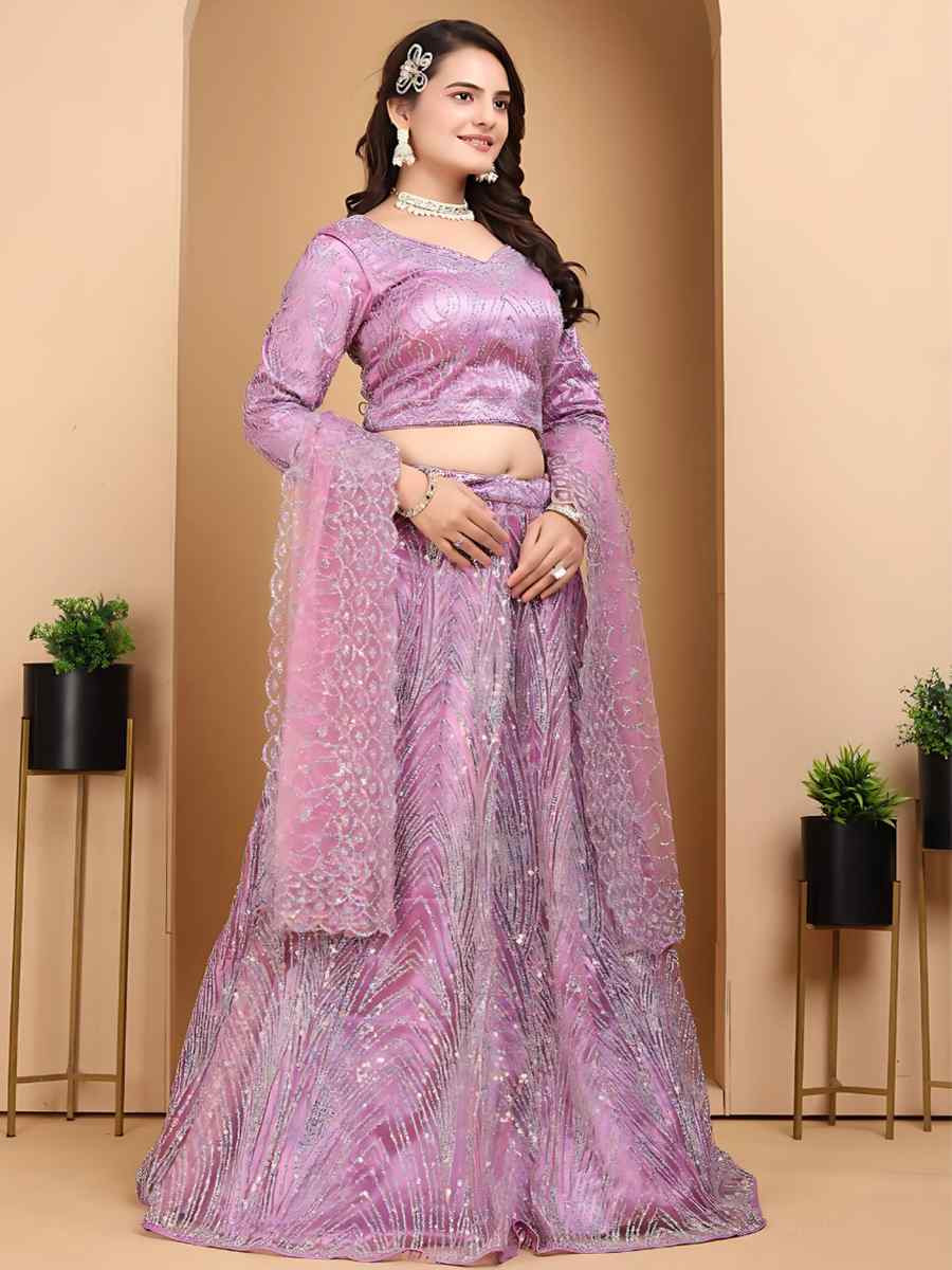 Lilac Net Embroidered Wedding Festival Heavy Border Lehenga Choli