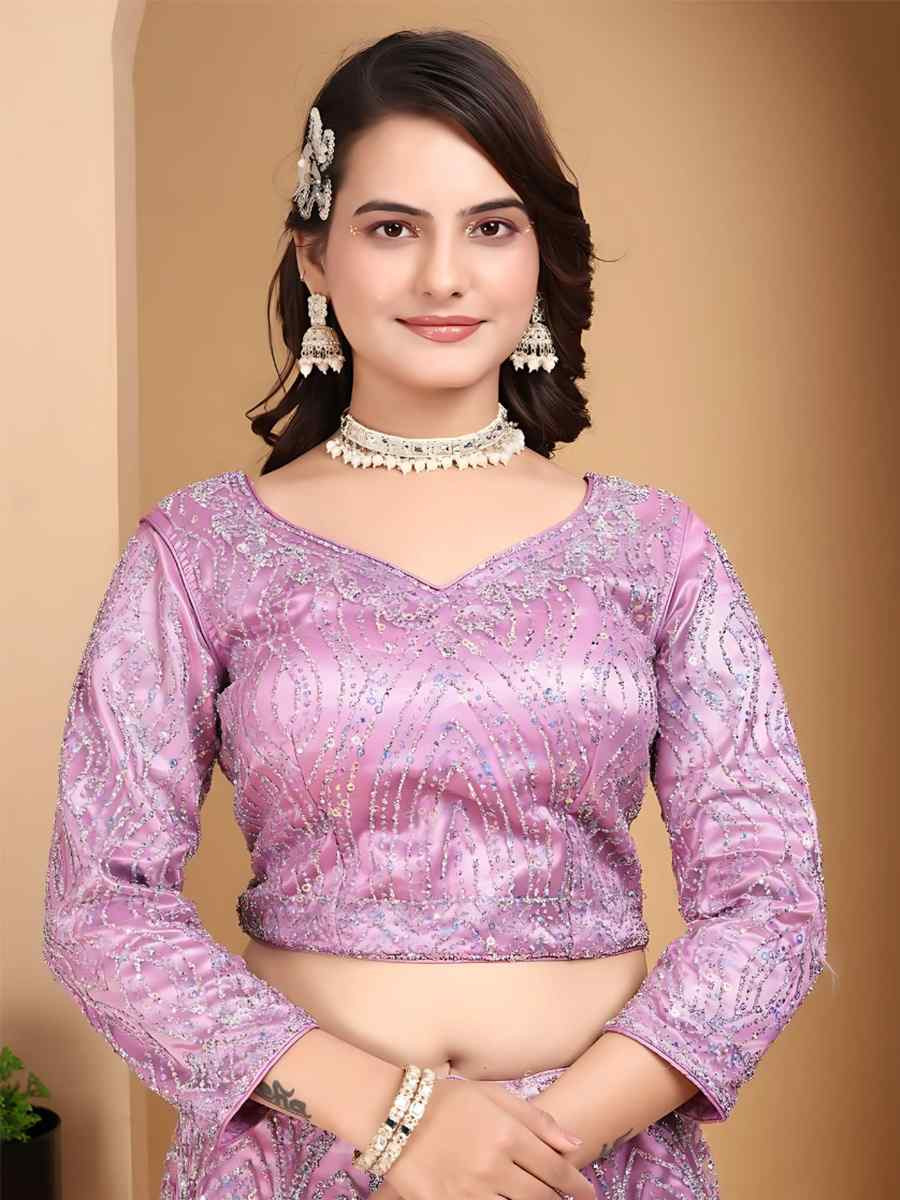 Lilac Net Embroidered Wedding Festival Heavy Border Lehenga Choli