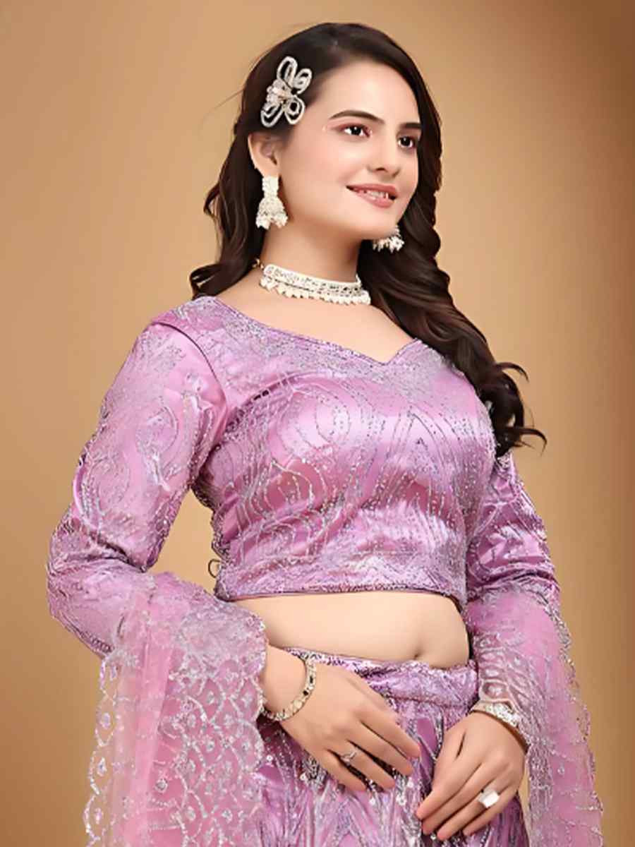 Lilac Net Embroidered Wedding Festival Heavy Border Lehenga Choli