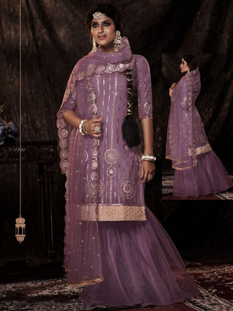 Lilac Violet Net Embroidered Party Palazzo Pant Kameez