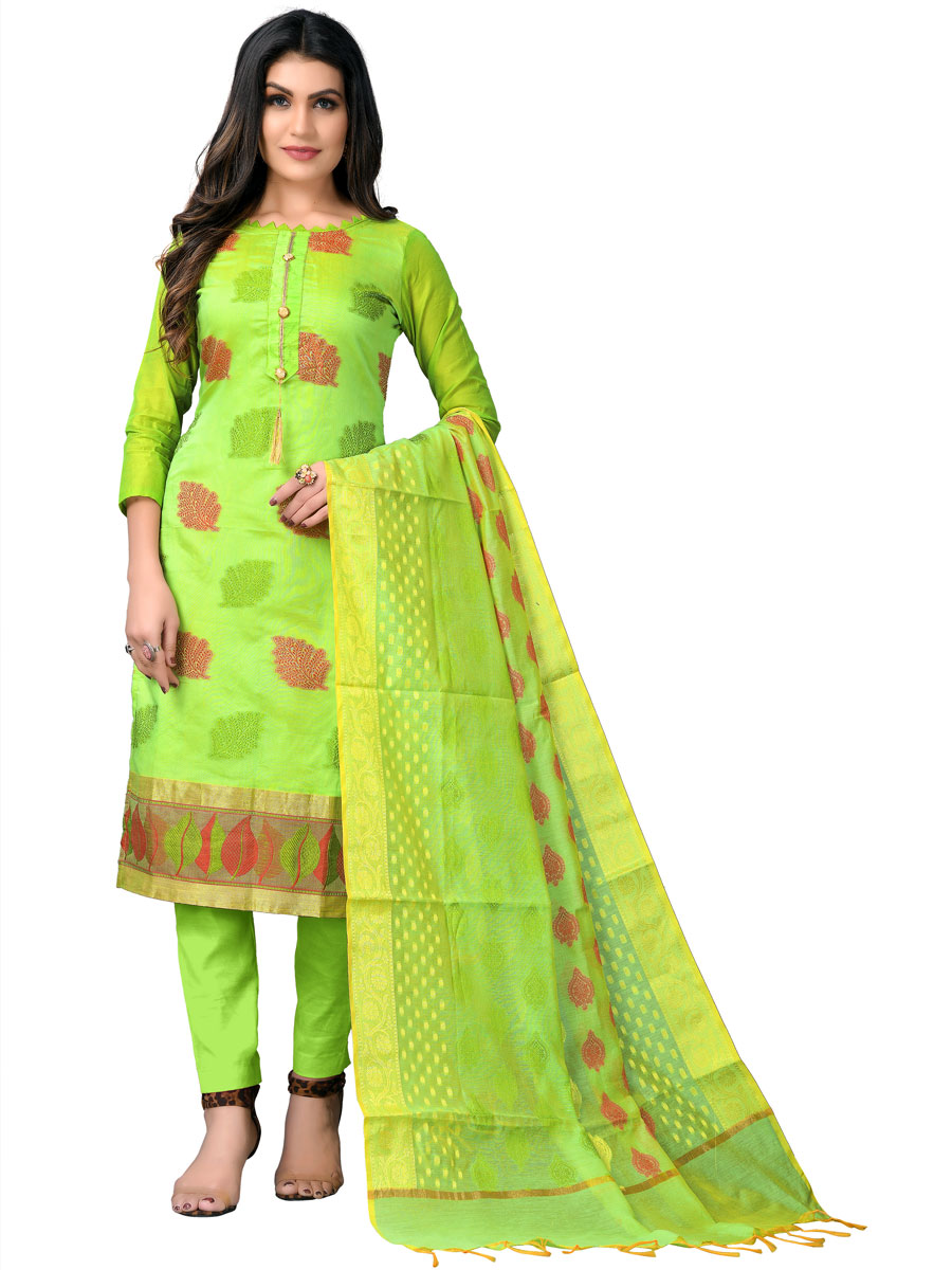 Lime Green Benarasi Jacquard Embroidered Festival Churidar Kameez
