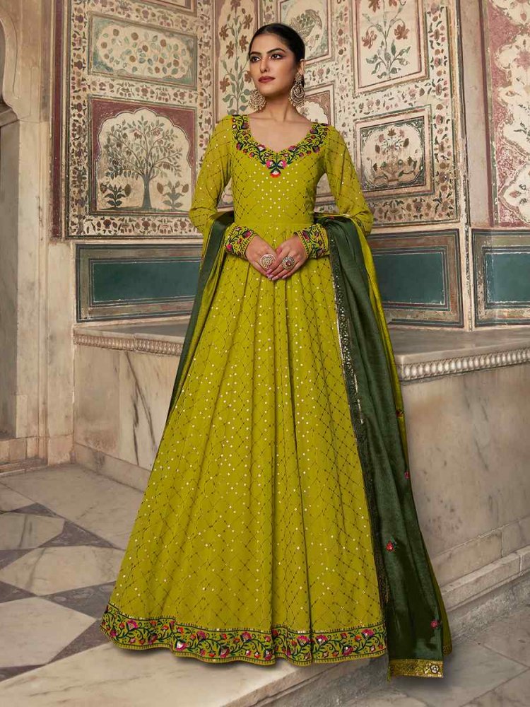 Lime Green Georgette Embroidered Festival Party Gown