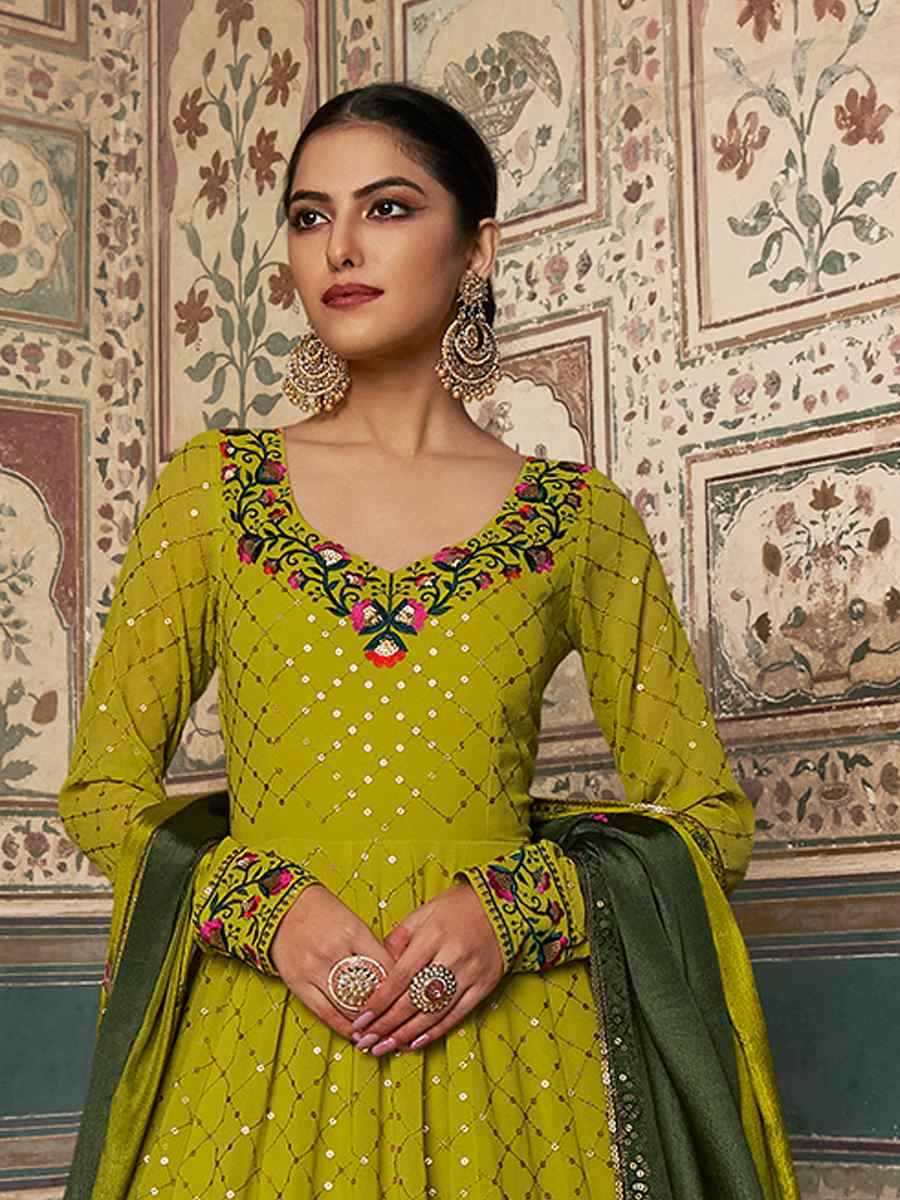 Lime Green Georgette Embroidered Festival Party Gown