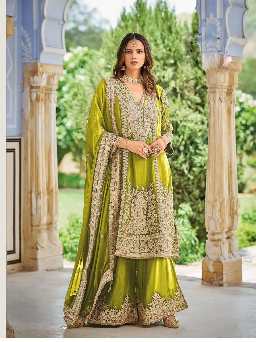 Lime Green Heavy Chinon Embroidery Sequins Zari Wedding Party Festival Casual Ready Palazzo Pant Salwar Kameez