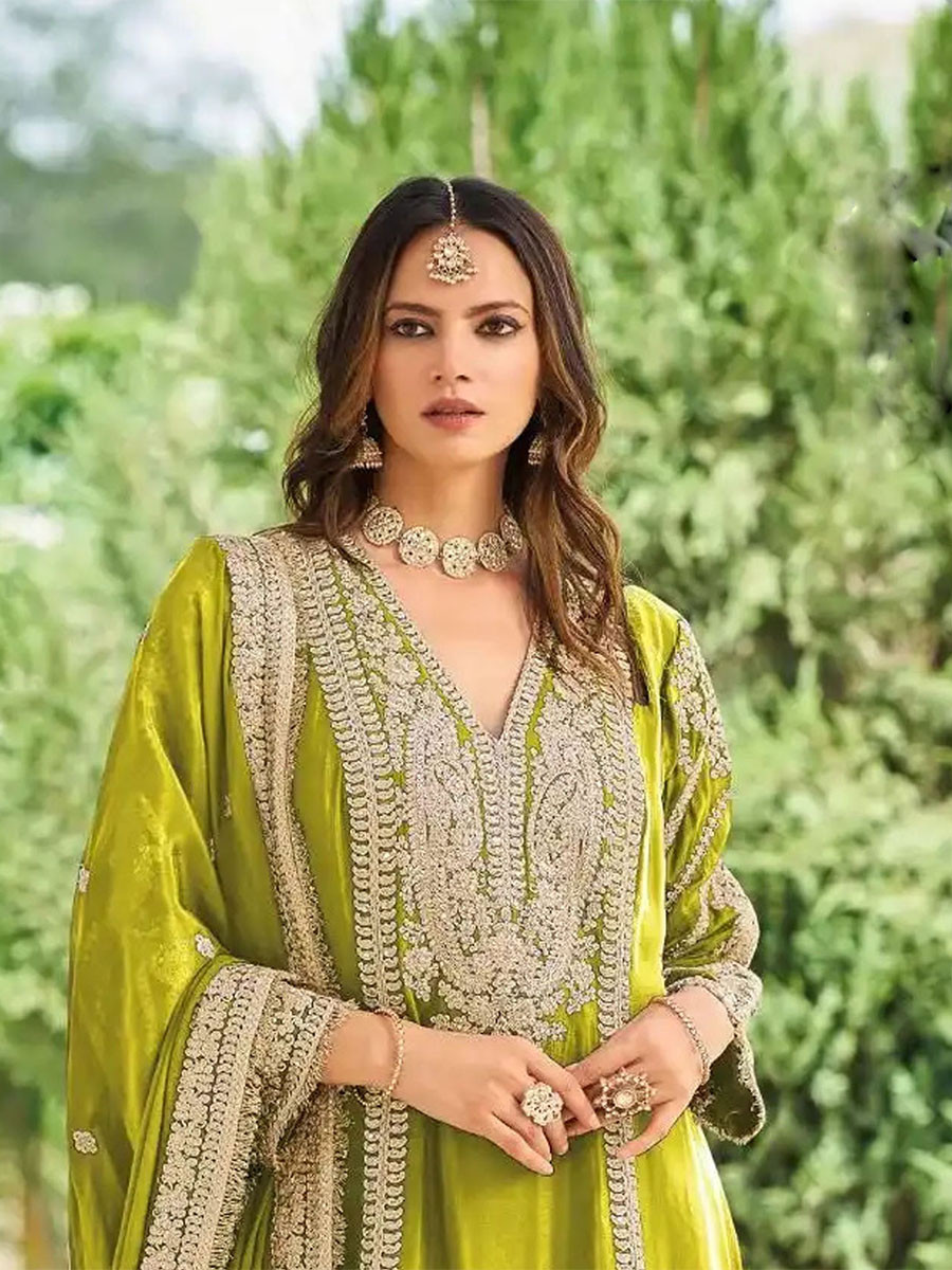 Lime Green Heavy Chinon Embroidery Sequins Zari Wedding Party Festival Casual Ready Palazzo Pant Salwar Kameez