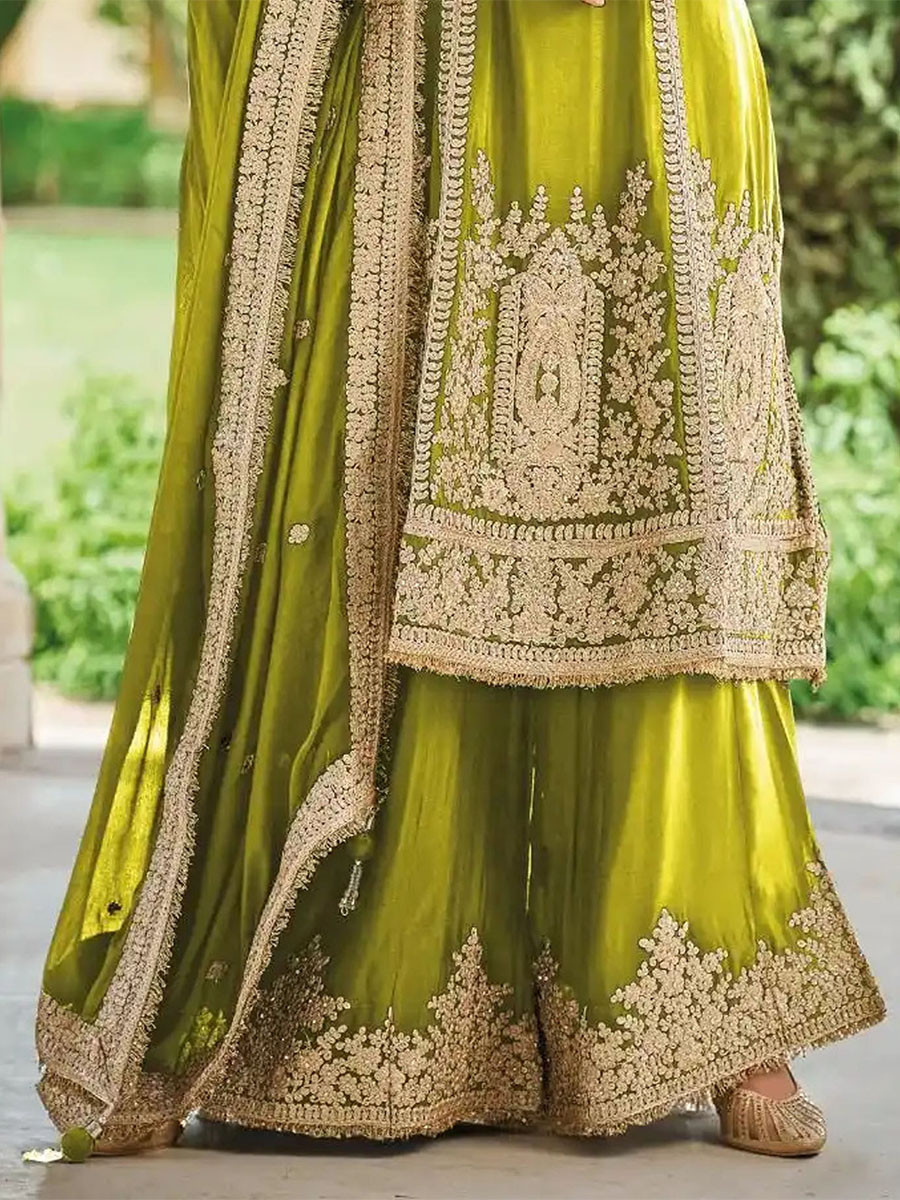 Lime Green Heavy Chinon Embroidery Sequins Zari Wedding Party Festival Casual Ready Palazzo Pant Salwar Kameez