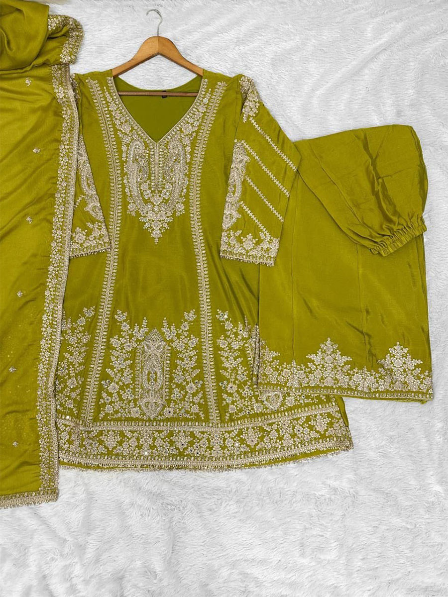 Lime Green Heavy Chinon Embroidery Sequins Zari Wedding Party Festival Casual Ready Palazzo Pant Salwar Kameez