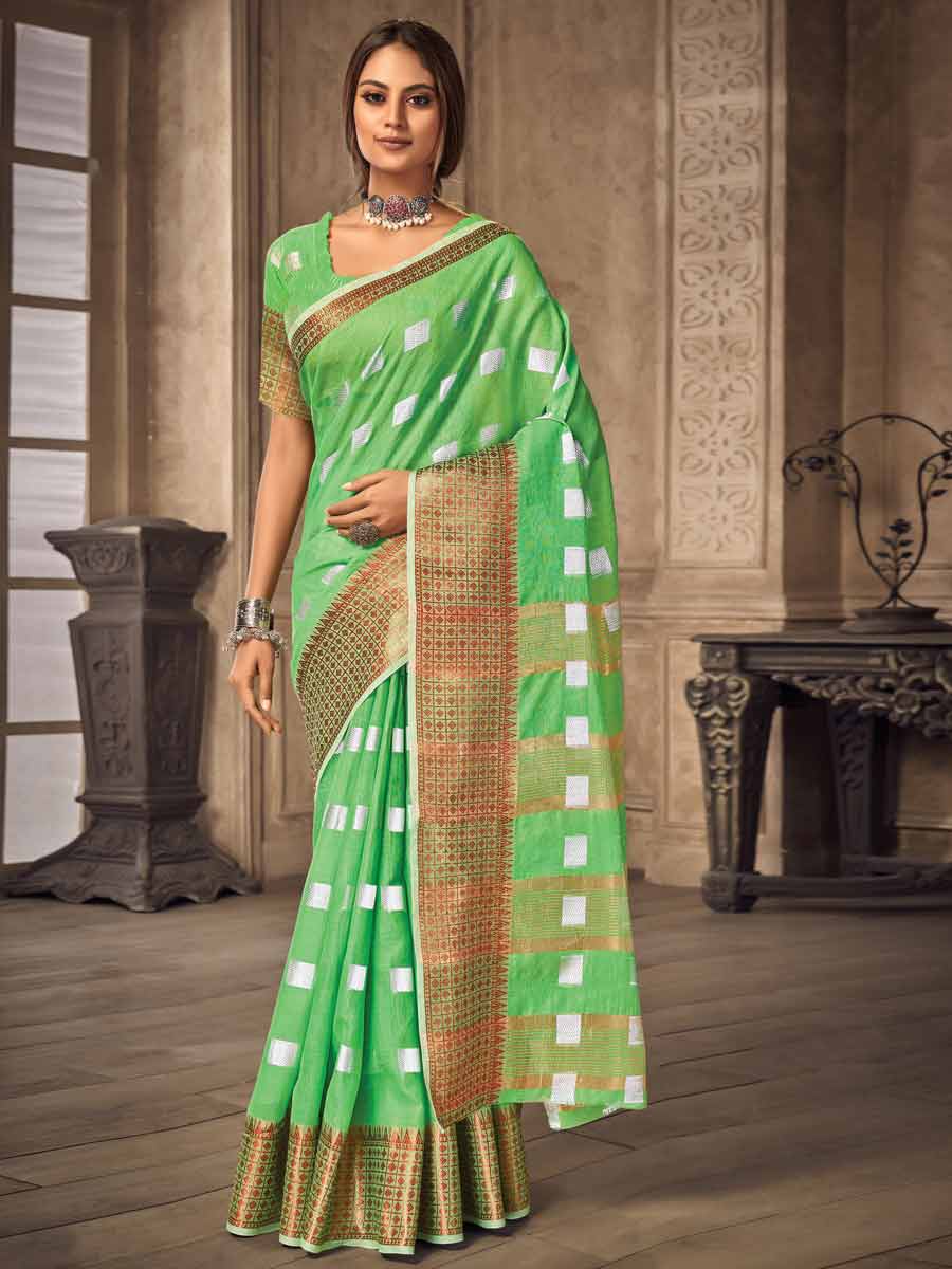 Lime Green Linen Handwoven Festival Saree