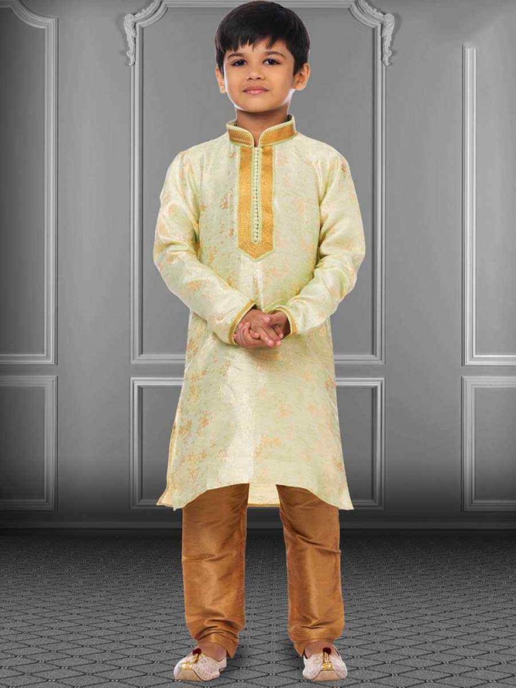 Lime Green Linen Silk Embroidered Festival Kurta Pyjama Boys Wear