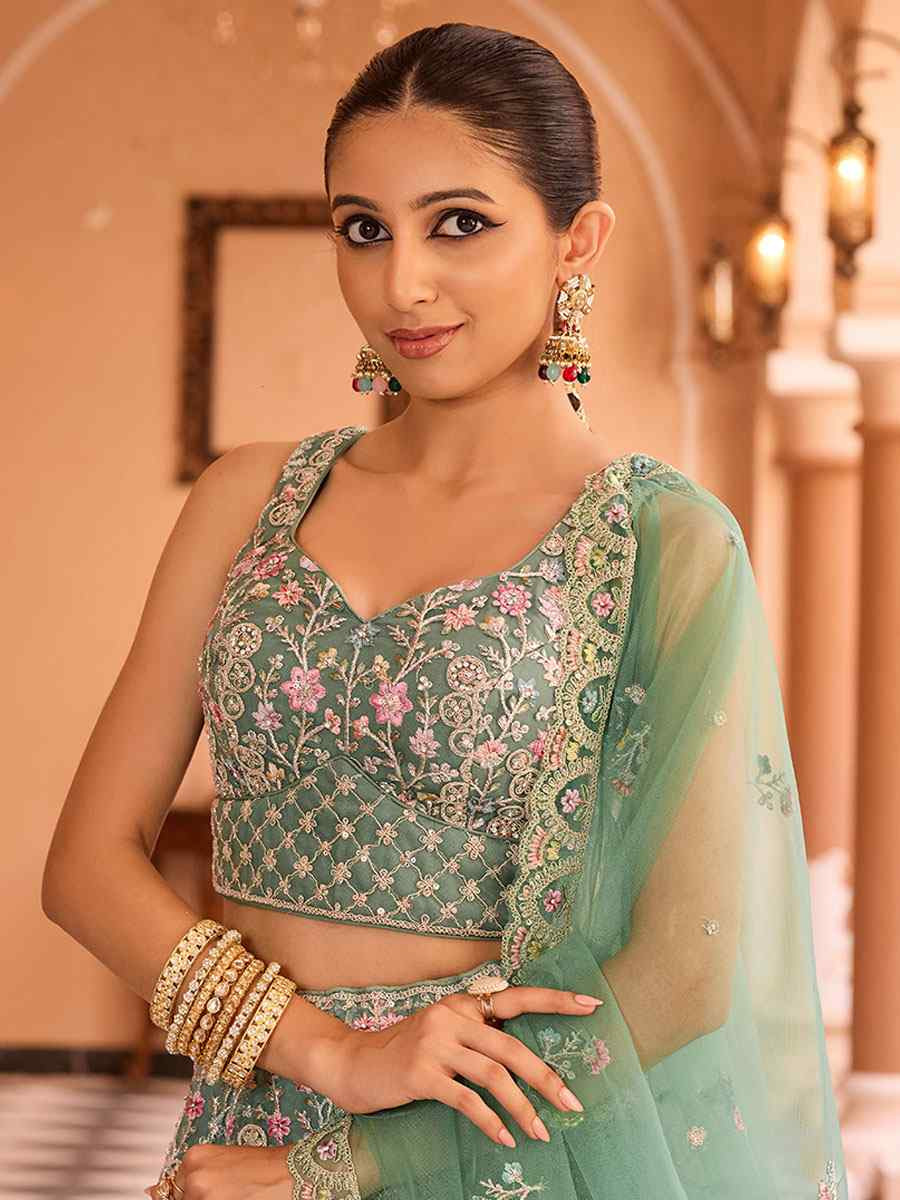 Lime Green Net Embroidered Wedding Reception Festival Heavy Border Lehenga Choli