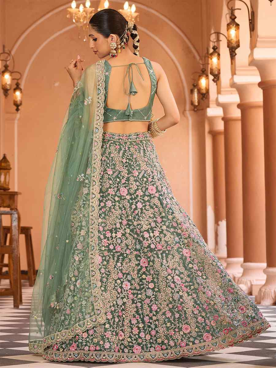 Lime Green Net Embroidered Wedding Reception Festival Heavy Border Lehenga Choli