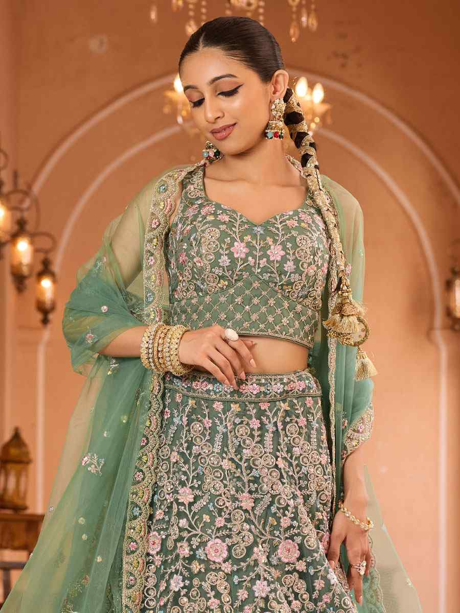 Lime Green Net Embroidered Wedding Reception Festival Heavy Border Lehenga Choli