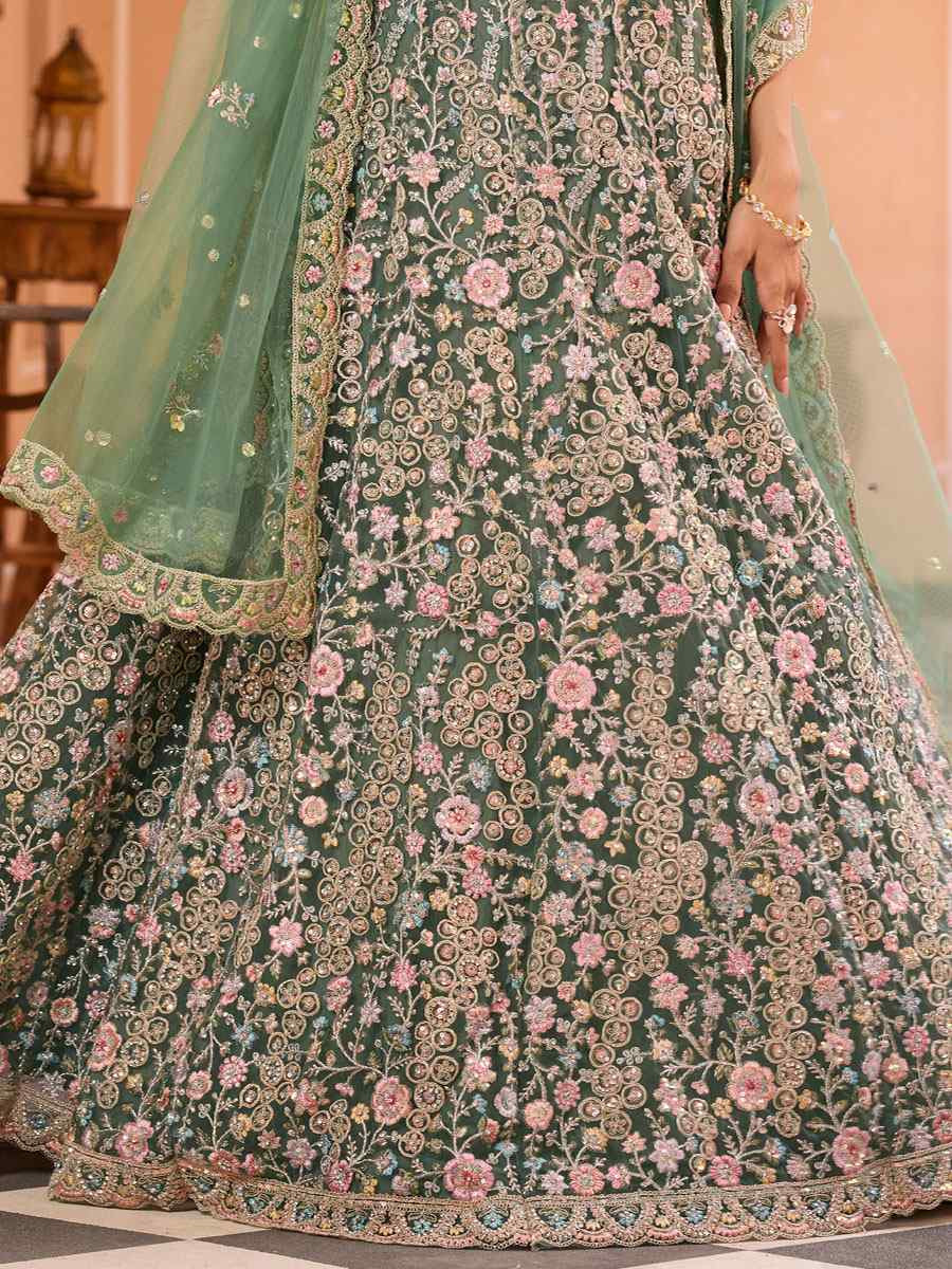 Lime Green Net Embroidered Wedding Reception Festival Heavy Border Lehenga Choli