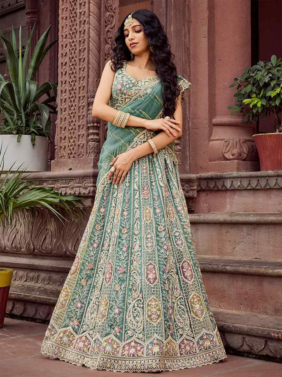 Lime Green Net Embroidered Wedding Reception Festival Heavy Border Lehenga Choli