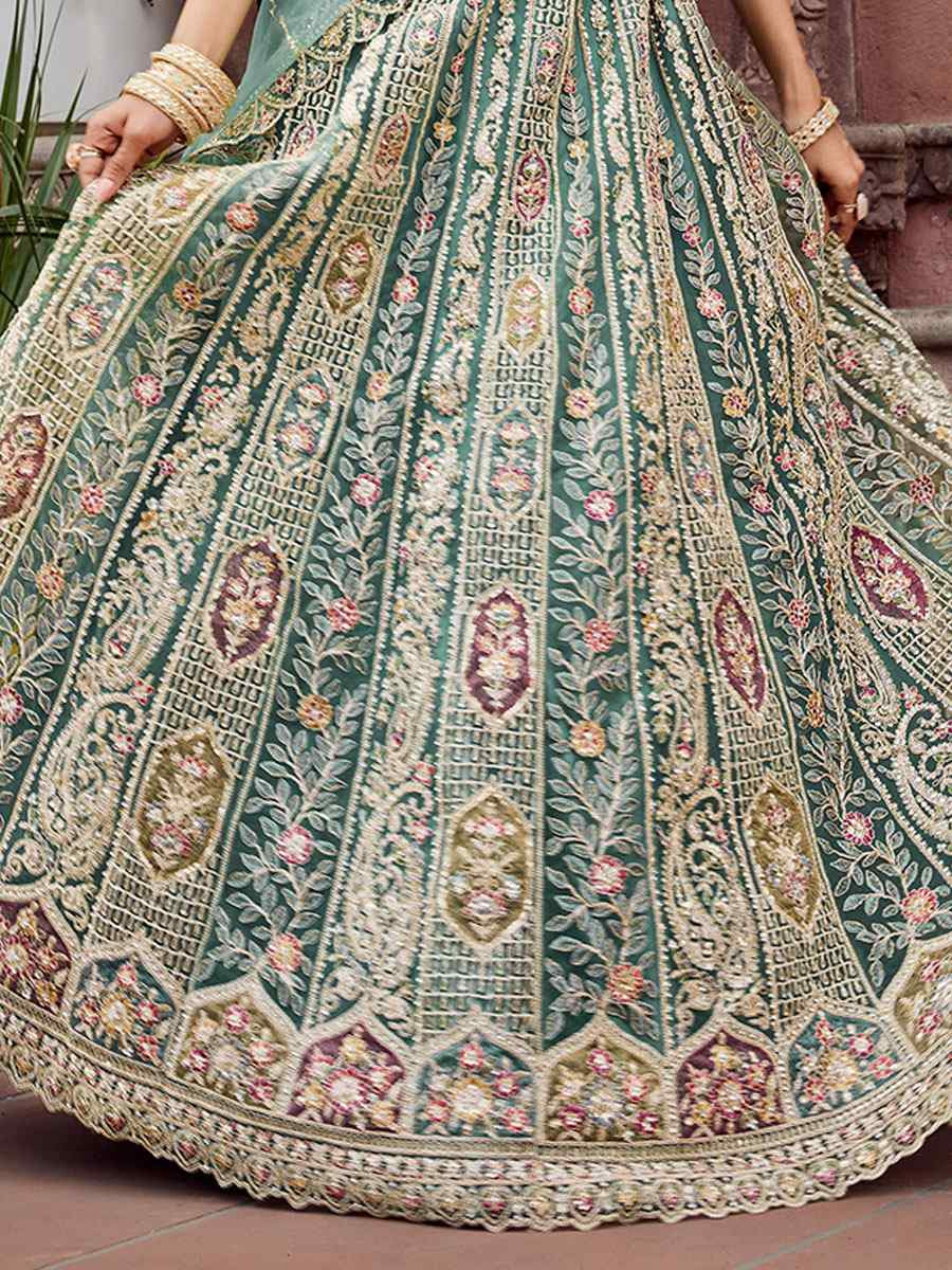 Lime Green Net Embroidered Wedding Reception Festival Heavy Border Lehenga Choli
