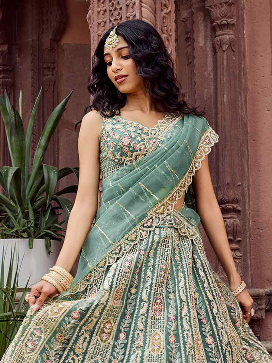 Lime Green Net Embroidered Wedding Reception Festival Heavy Border Lehenga Choli