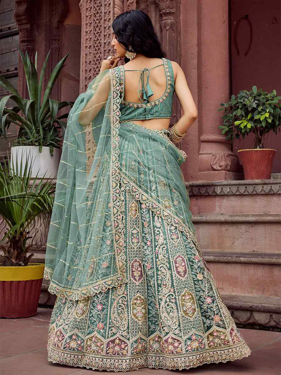 Lime Green Net Embroidered Wedding Reception Festival Heavy Border Lehenga Choli