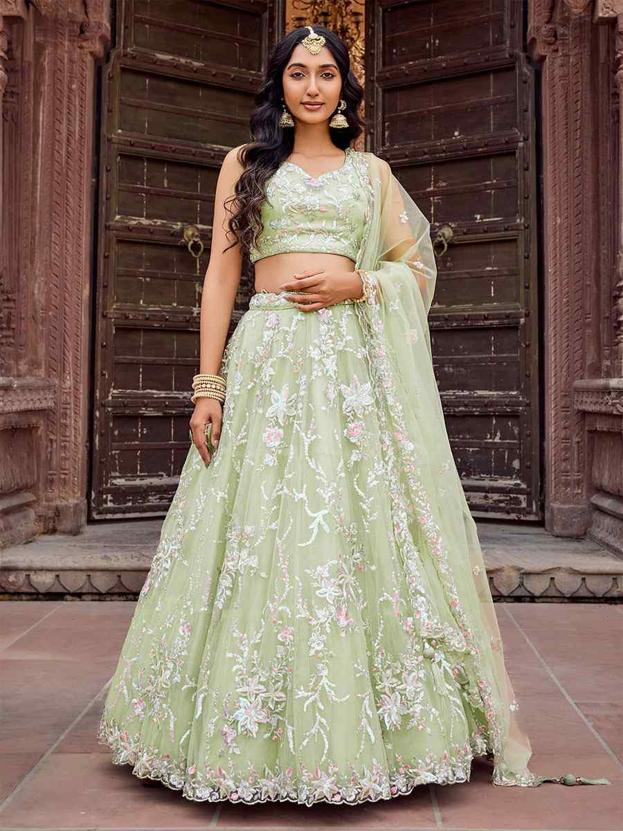 Lime Green Net Embroidered Wedding Reception Festival Heavy Border Lehenga Choli