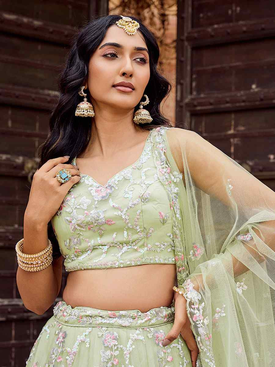 Lime Green Net Embroidered Wedding Reception Festival Heavy Border Lehenga Choli