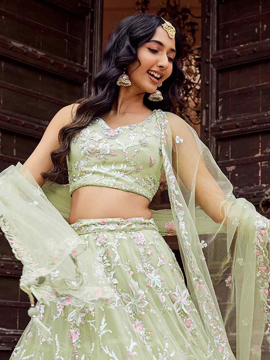 Lime Green Net Embroidered Wedding Reception Festival Heavy Border Lehenga Choli