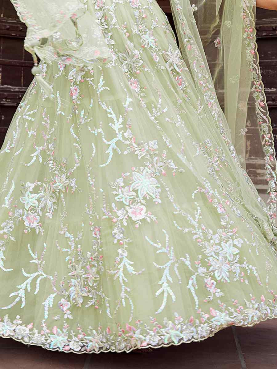 Lime Green Net Embroidered Wedding Reception Festival Heavy Border Lehenga Choli