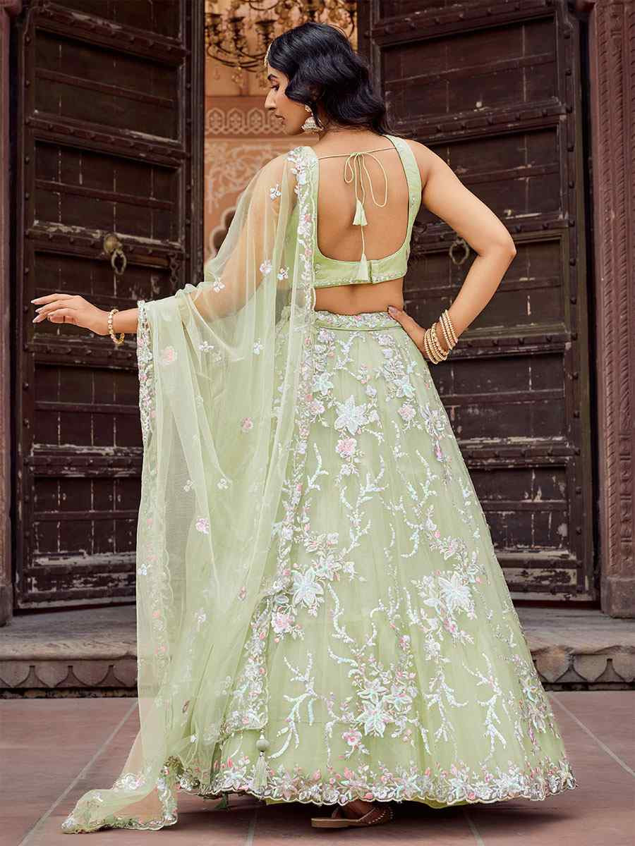 Lime Green Net Embroidered Wedding Reception Festival Heavy Border Lehenga Choli