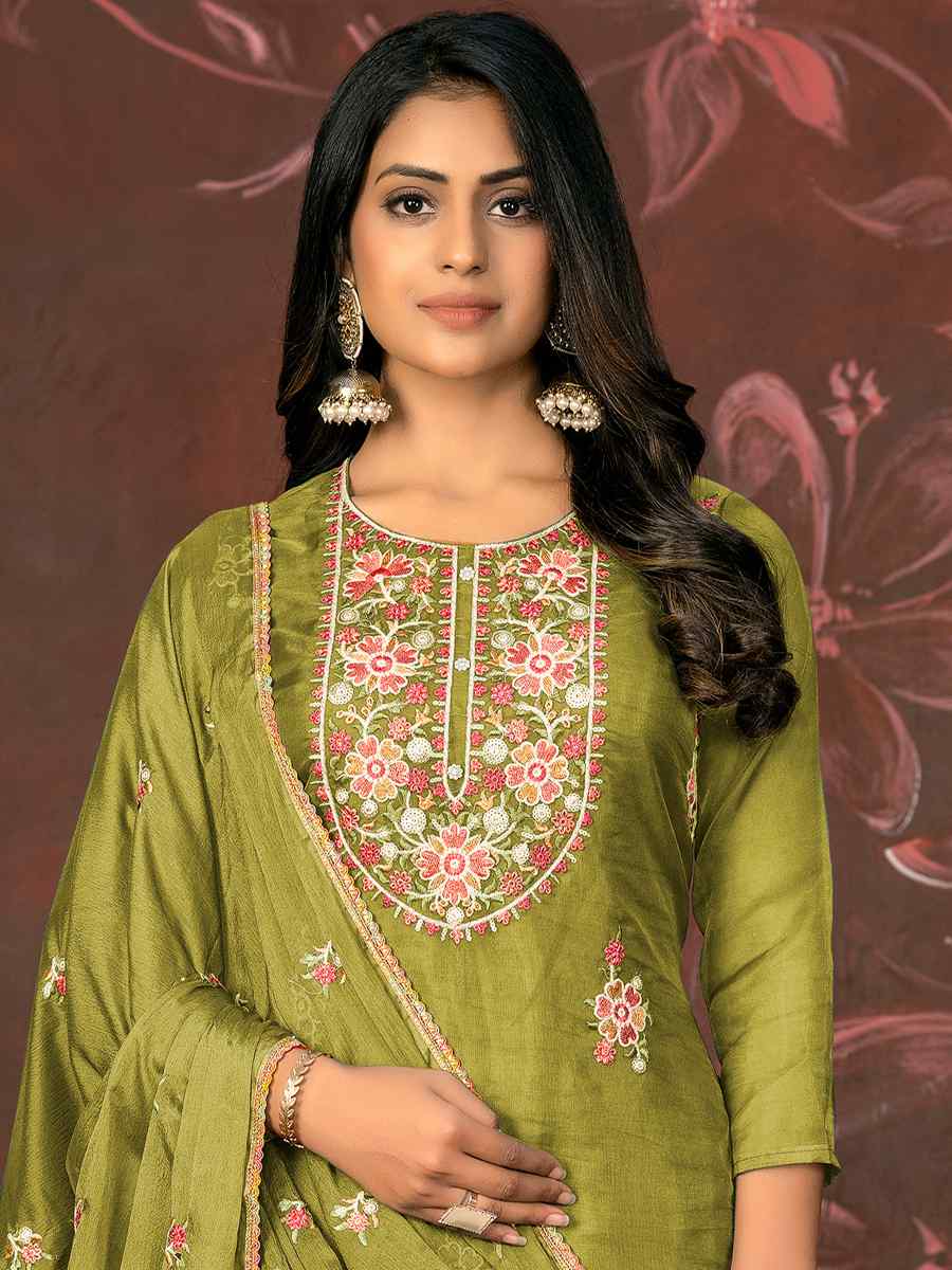 Lime Green Organza Embroidered Casual Festival Pant Salwar Kameez