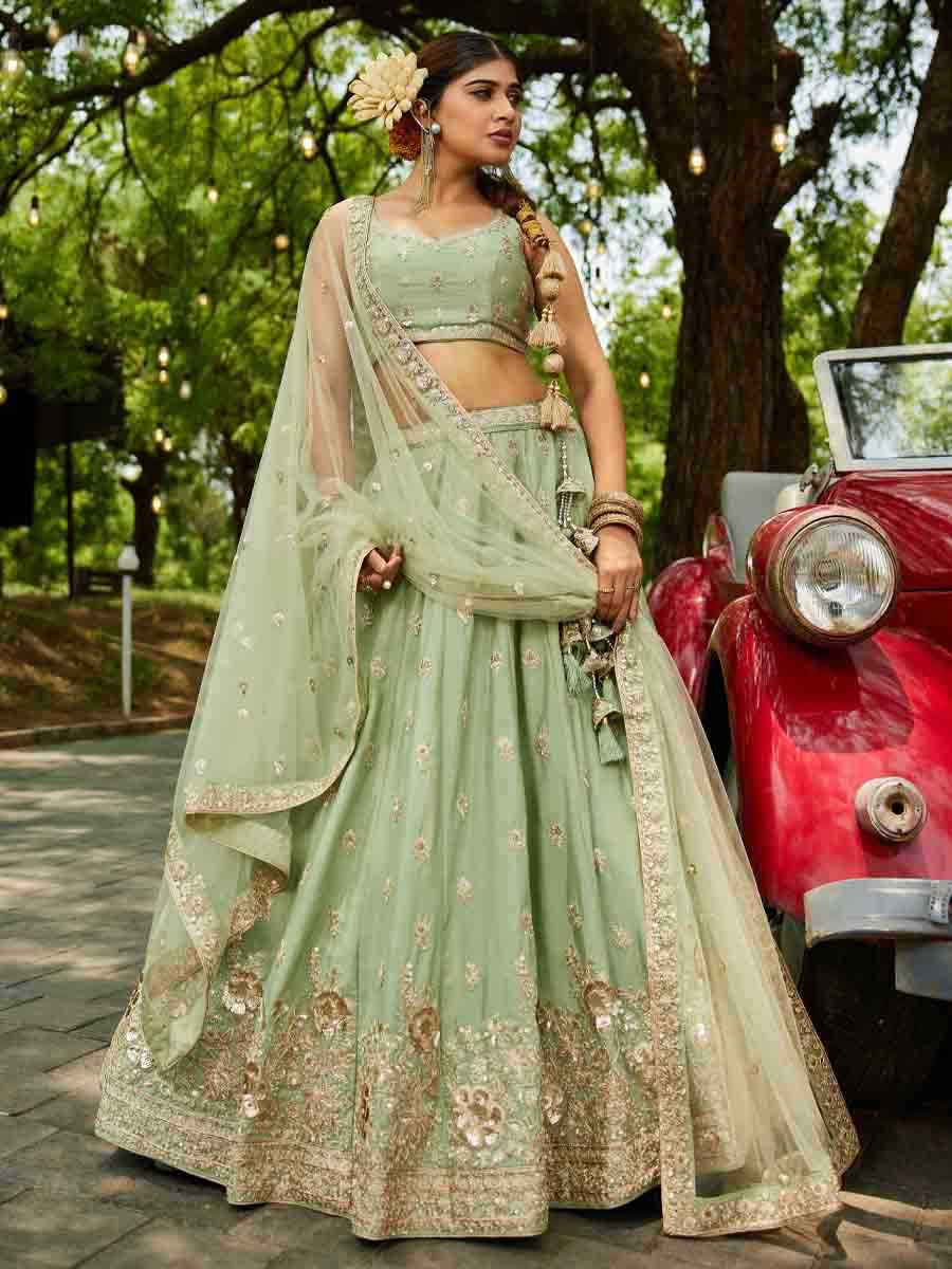 Lime Green Poly Chiffon Embroidered Reception Wedding Heavy Border Lehenga Choli