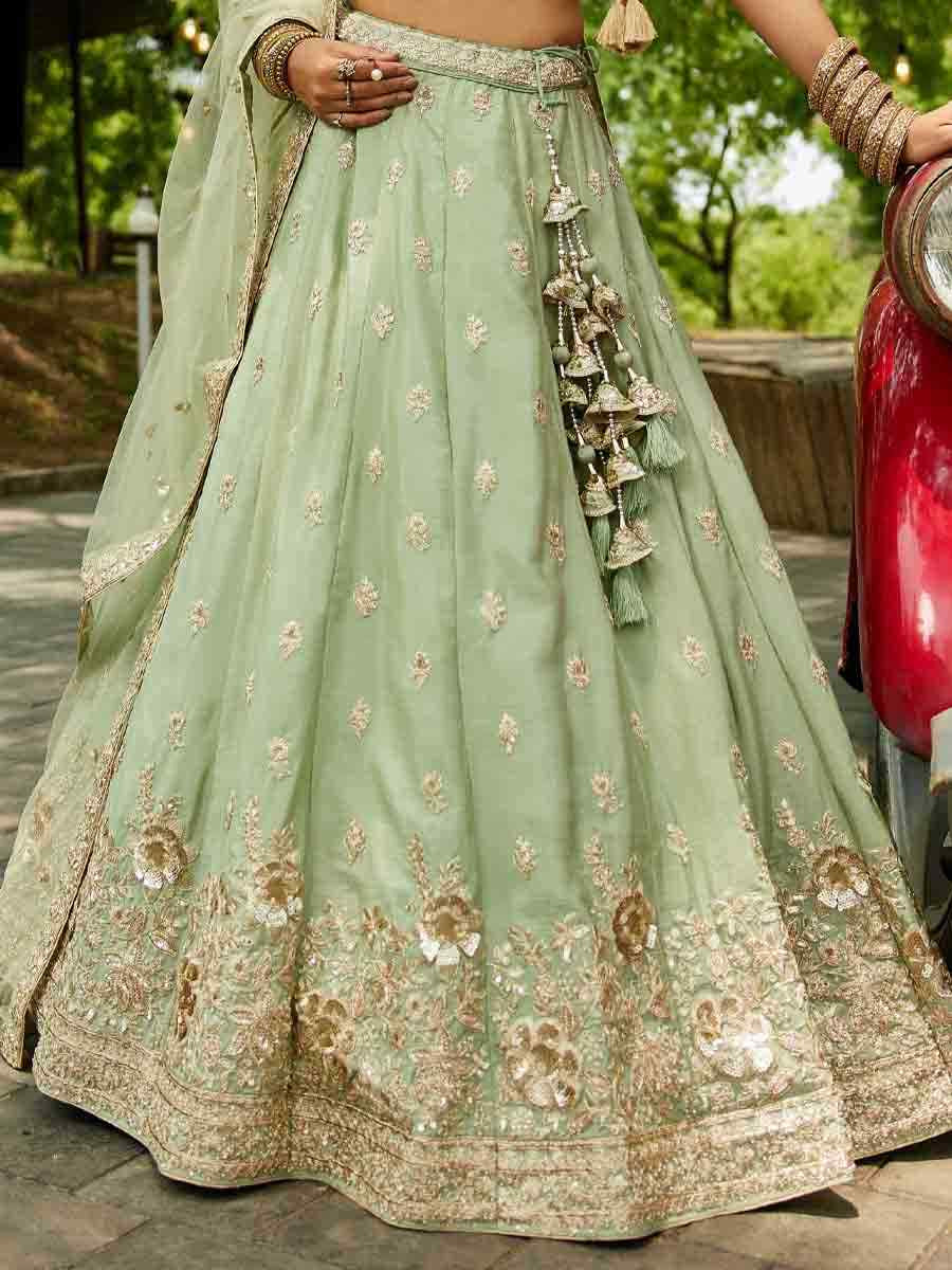 Lime Green Poly Chiffon Embroidered Reception Wedding Heavy Border Lehenga Choli