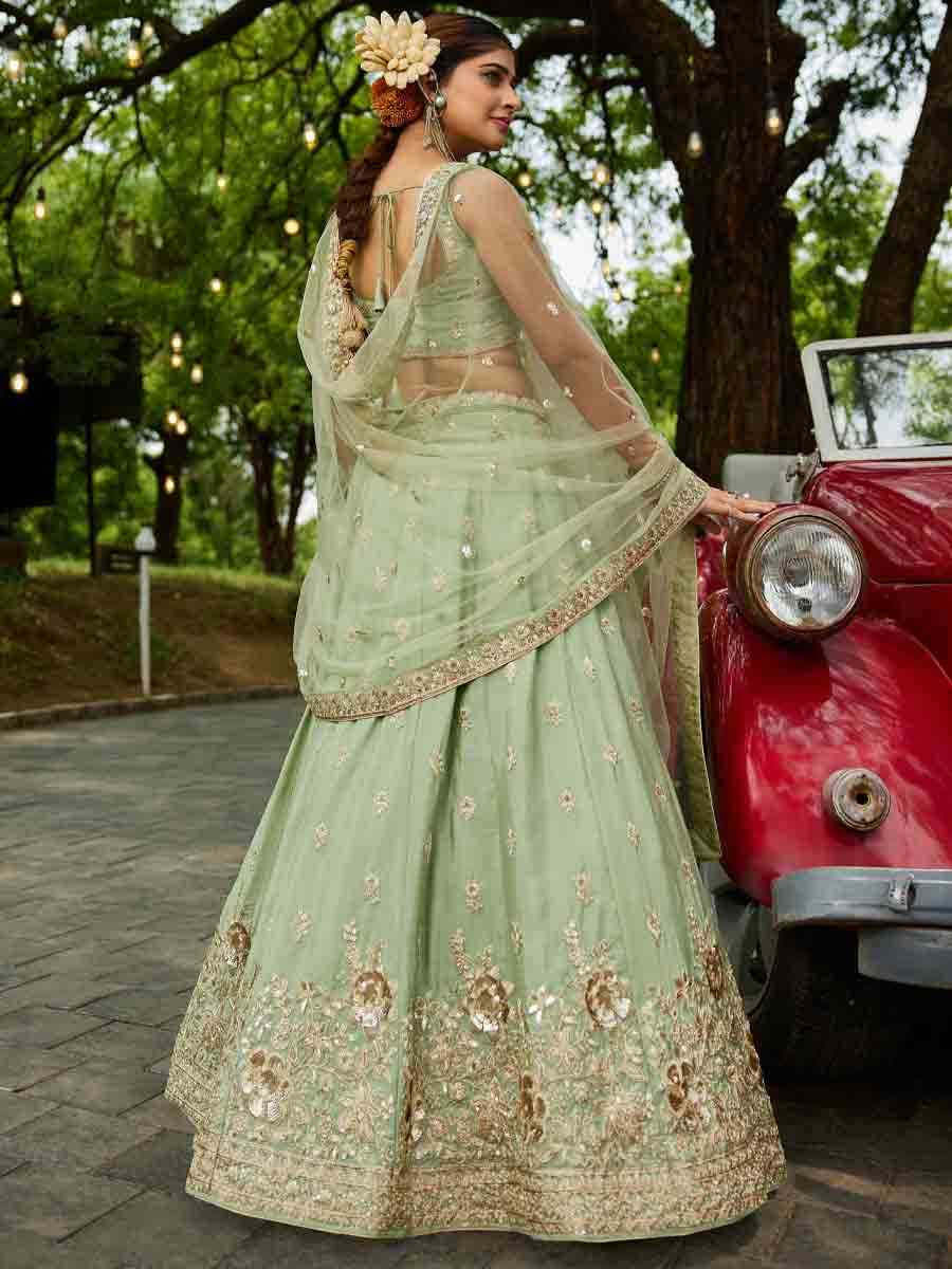 Lime Green Poly Chiffon Embroidered Reception Wedding Heavy Border Lehenga Choli