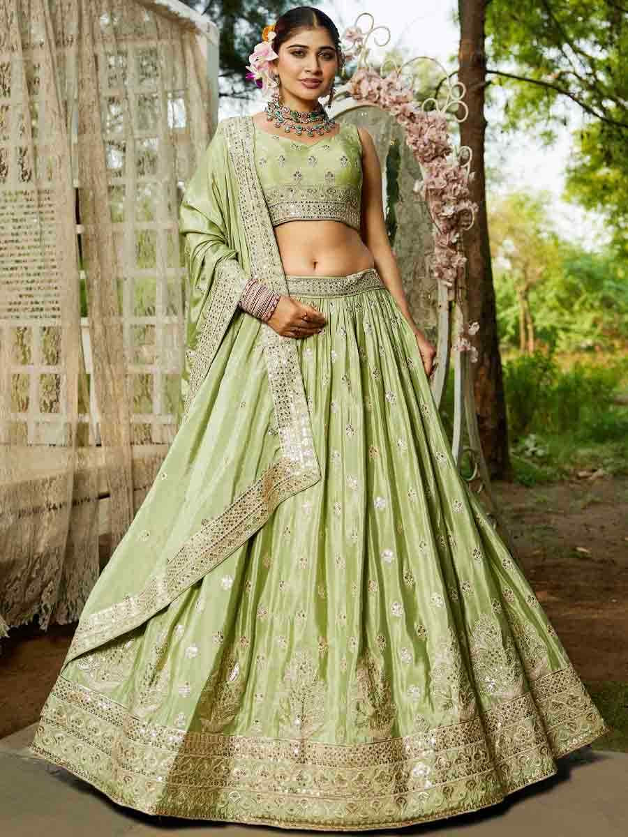 Lime Green Poly Chiffon Embroidered Reception Wedding Heavy Border Lehenga Choli