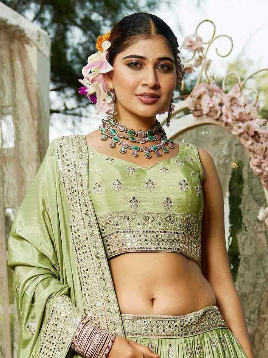 Lime Green Poly Chiffon Embroidered Reception Wedding Heavy Border Lehenga Choli