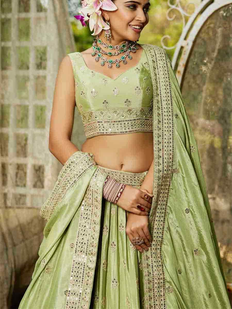 Lime Green Poly Chiffon Embroidered Reception Wedding Heavy Border Lehenga Choli